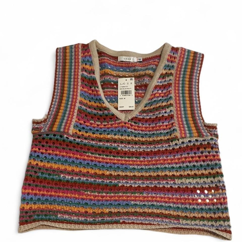 Lush Sweater Vest Womens Size M Red Blue Multi NWT Striped V-Neck